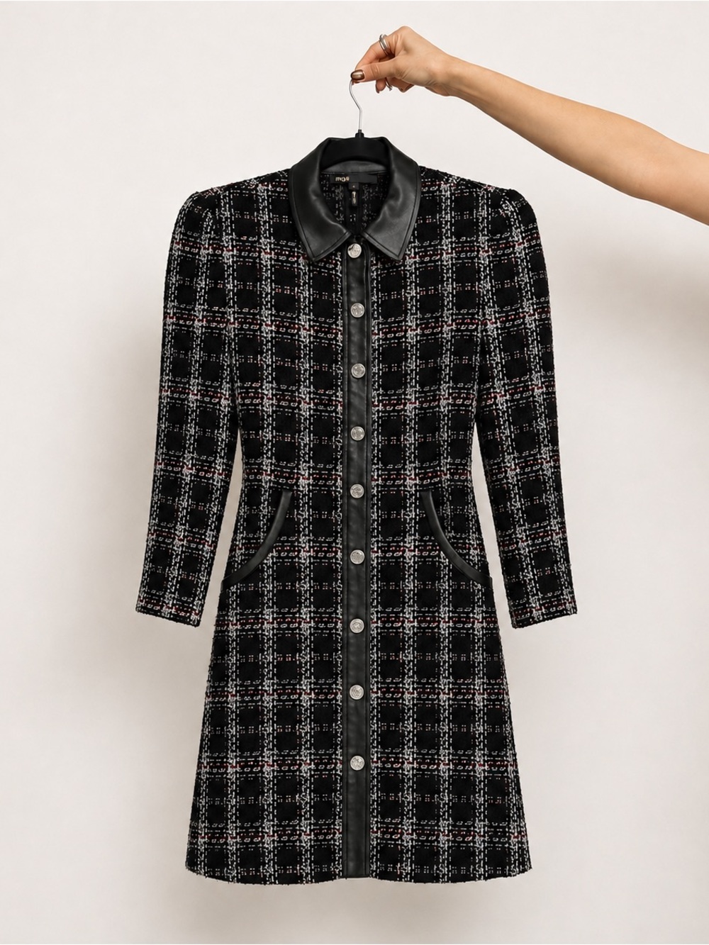 Maje Plaid Long-Sleeve Button-Front Dress with Leather Trim